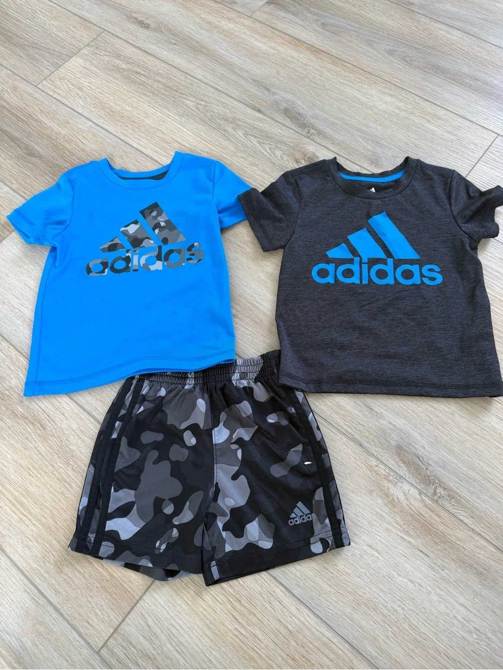 adidas Kids Matching Sets Blue and Charcoal with Camouflage Shorts